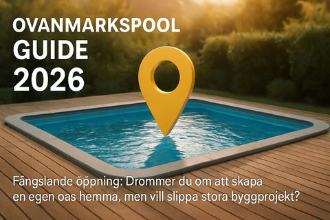 Guldigt platsmärke svävande över rektangulär ingroundpool i trädgård.