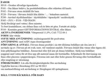 Aseko Oxy Pure Liquid 20L aktivt syre för pool och spa-etikett