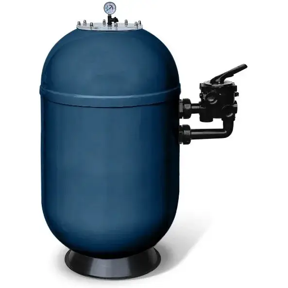 Pahlén Mundo-sandfilter, 1½–2 tommer SV – blå cylindrisk tank, sort rør og ventil Pahlén Mundo-sandfilter, 1½–2 tommer SV – blå cylindrisk tank, sort rør og ventil