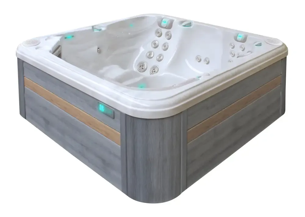 PassionSpa Reflect-spabad – moderne design, grå træpaneler, hvide massagedyser, blågrøn belysning
