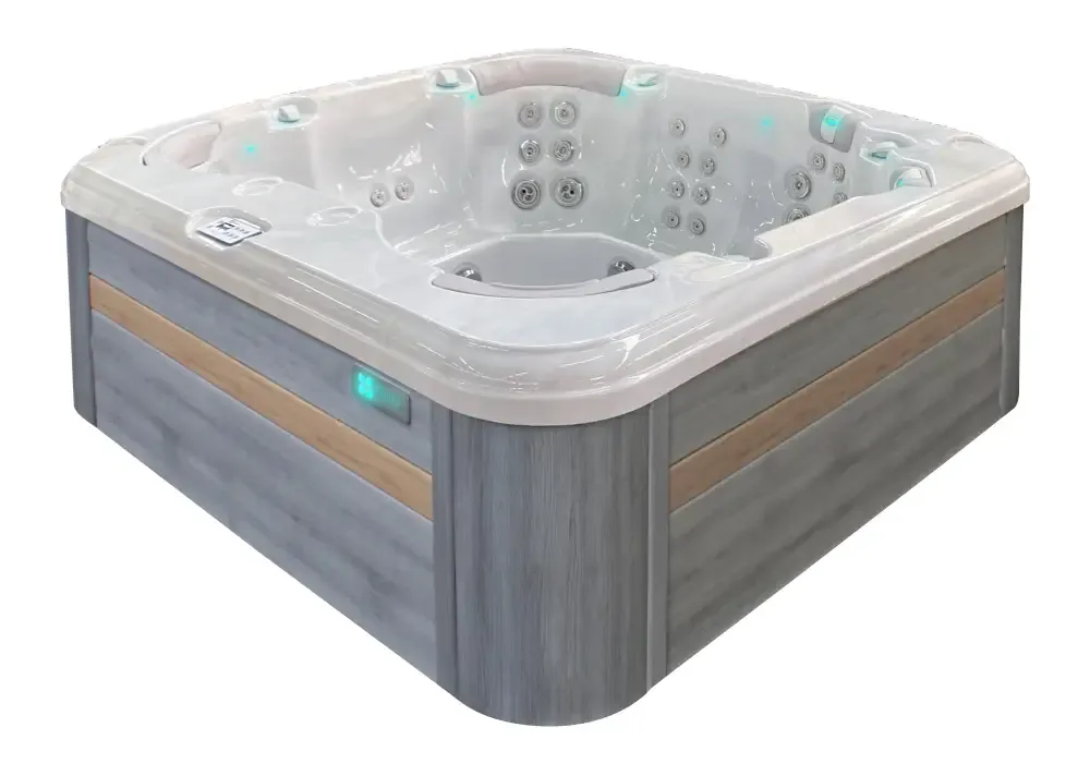 PassionSpa Resettle-spabad – grå træstruktur, hvid top, massagedyser, blå LED-belysning