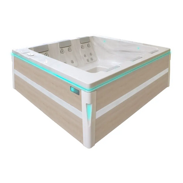 PassionSpa Serene 6 Spabad med ljus träpanel, vit insida och turkos LED-belysning