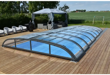 Modern bågad pooltäckning för Pooltak Nivo Kit 1060B med glas och grå ram