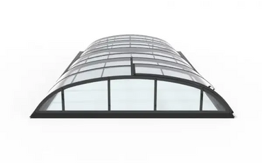 Böjt glas tak med svart ram, modernt pooltak smart med klar kanalplast