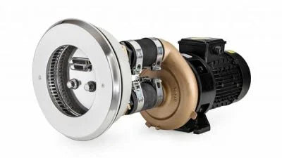 Industrikvalitets rostfritt stål och svartmålad motordriven pump med ett beige impellerhus.