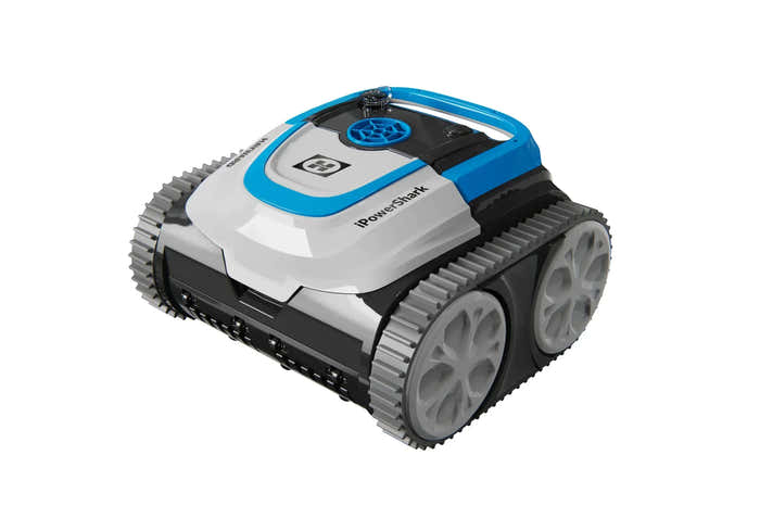 Poolrobot – hvid overflade, blå detaljer, grå larvebånd