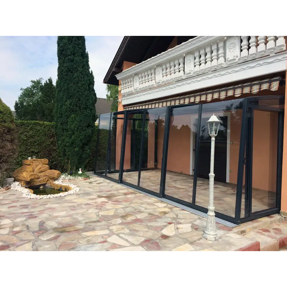 Altantak Terasstak svarta ramar skjutbara pooltak med glas