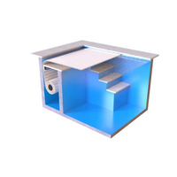 Blå inomhuspool med vita kakeltrappor, AquaTop nersänkt 800 3m bredd och extern motor