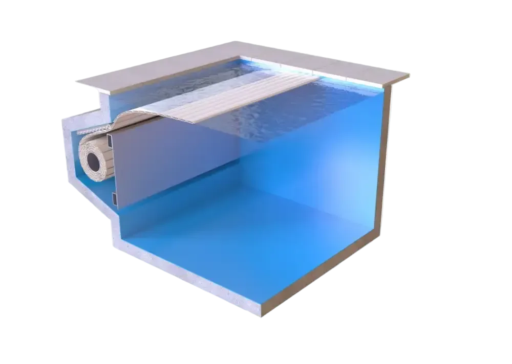 Blå pool – hvid platform, synligt varmesystem, 60 x 14 mm, ekstern motor