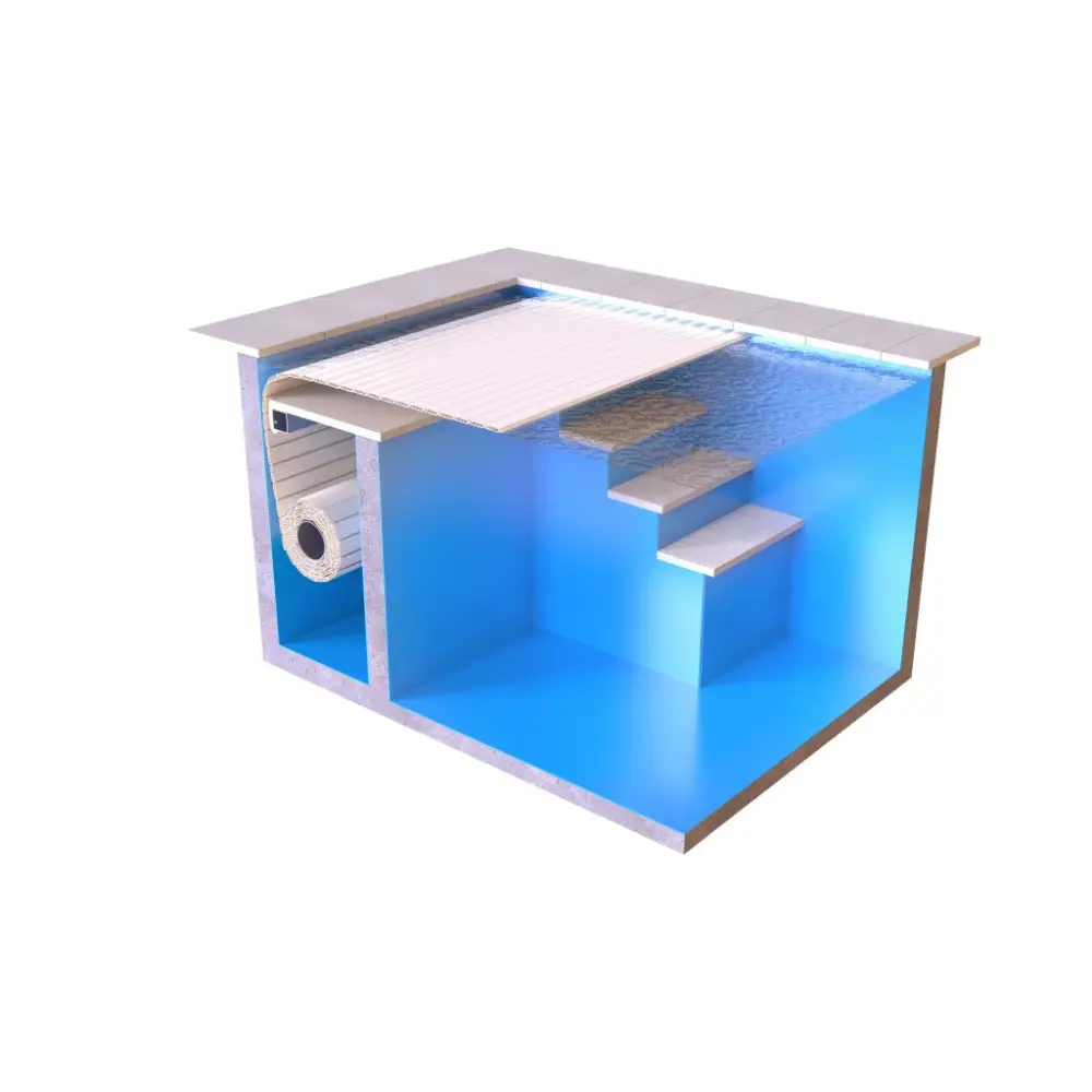 Blå inomhuspool med vit plattform, 60x14mm värmesystem och extern motor