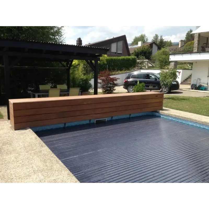 Aquatop ovanmark pooltäck 60x14mm mörkblå ribbad med träbänk