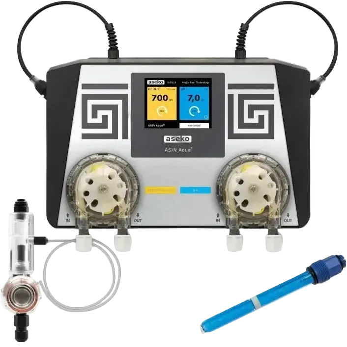Aseko Asin Aqua svart-silver vattenreningssystem med pH-display och pumpar