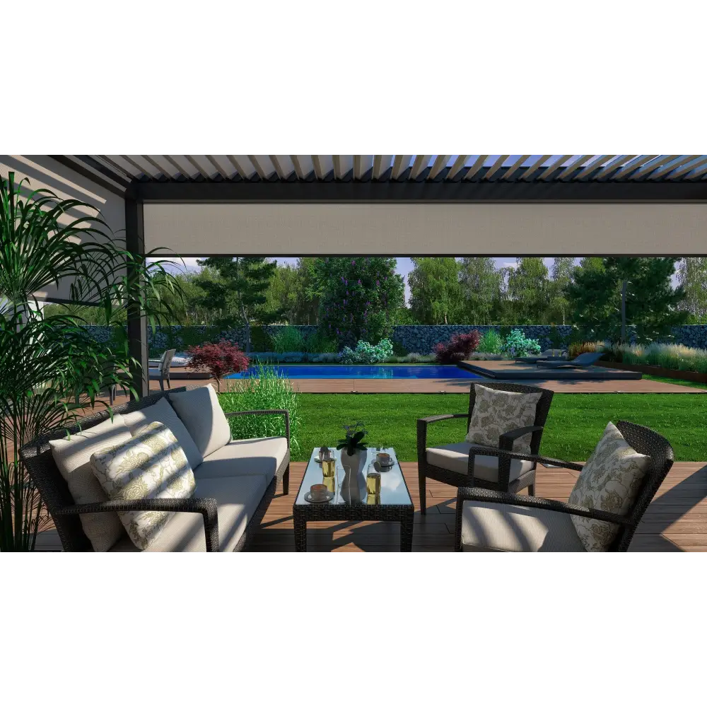 Beige soffa med mörkt vävt ram på mobil poolterrass i Bergen deck