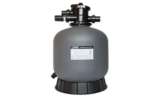 Brilix P350-sandfilter – grå cylindrisk form, sort top og bund, Danfoss-mærkat