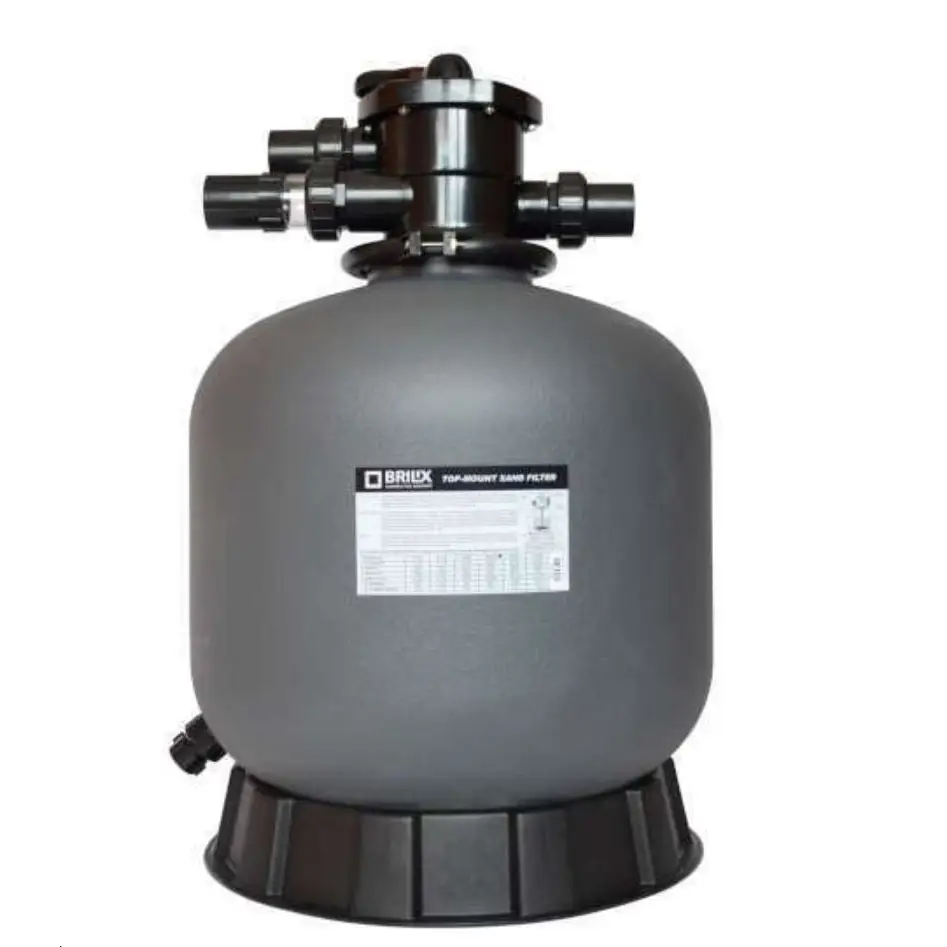 Grå Brilix P350 sandfilter med svarta fästen och räfflad bas