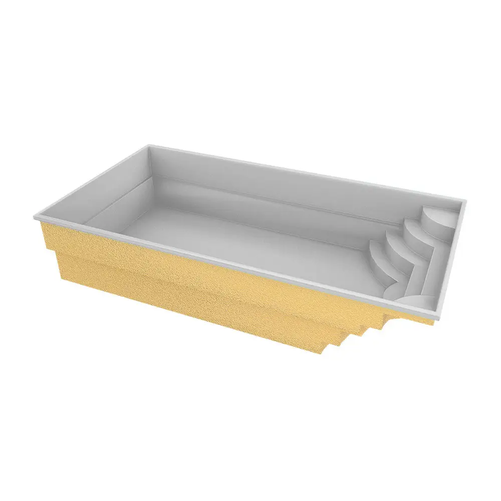 Glasfiberpool Aruba 700 med texturerad guld exteriör och vit interiör, 7,20m x 3,70m x 1,50m