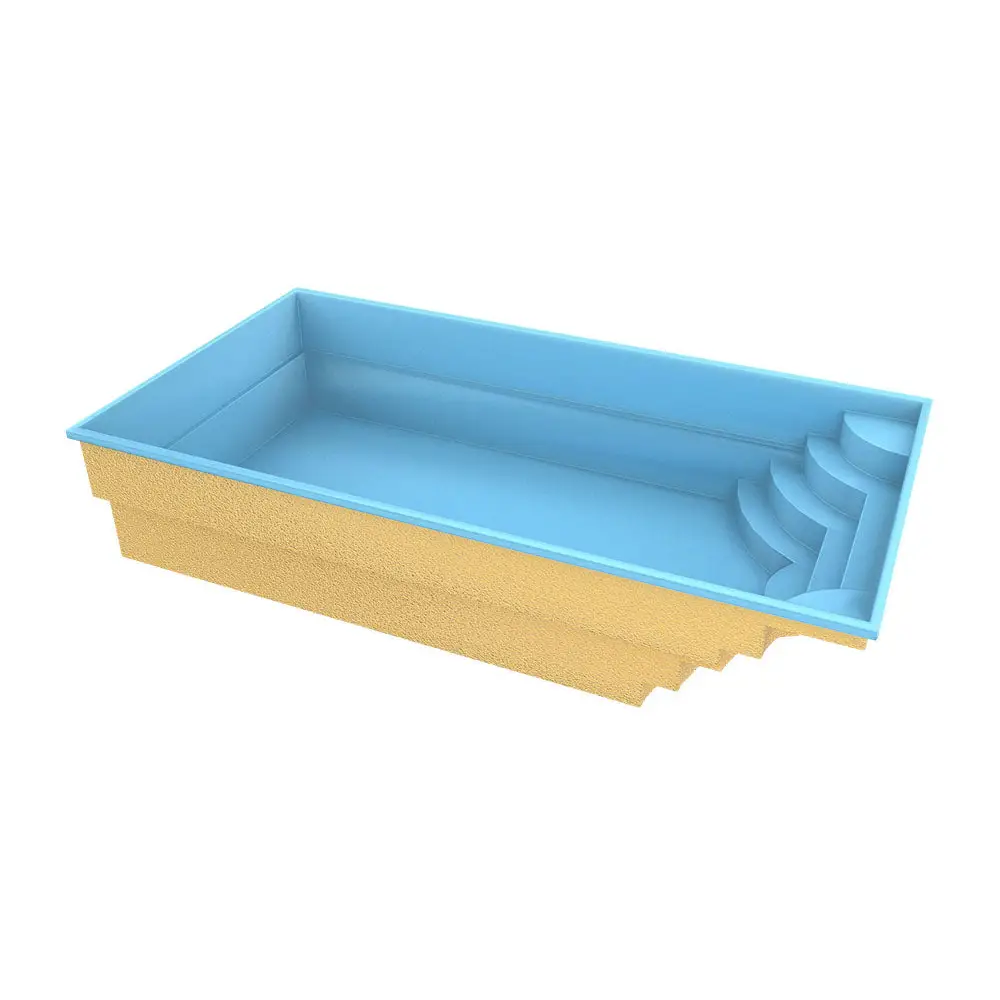 Glasfiberpool Aruba 700 rektangulär pool med ljusblå insida och inbyggda steg