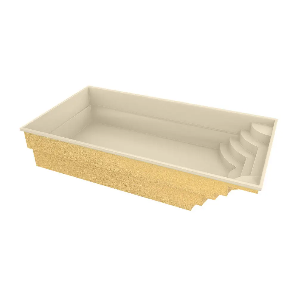 Glasfiberpool Aruba 700: 7,20m x 3,70m pool med krämfärgad rektangulär form och guldtexturerad exteriör