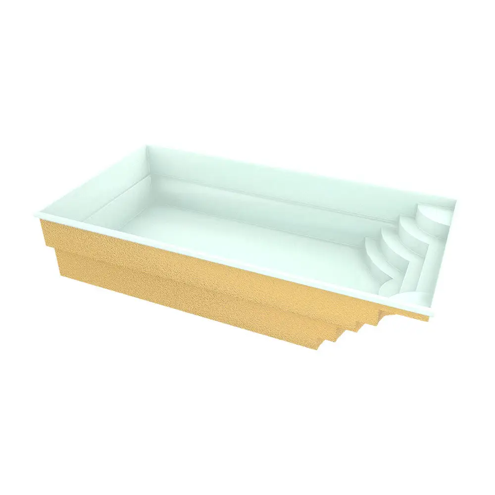 Glasfiberpool Aruba 700 rektangulär pool 7,20m x 3,70m x 1,50m med guld ytter och vit interiör