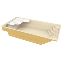 Aruba Plus trädgårdspool i beige glasfiber med integrerade steg och vit liner