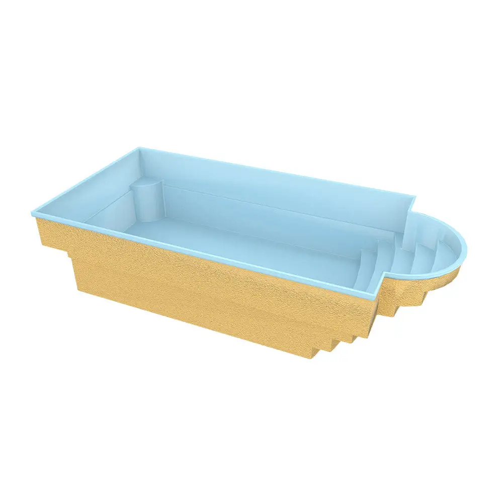 Glasfiberpool Aves med avrundad trappa i ljusblå interiör och guldtextur