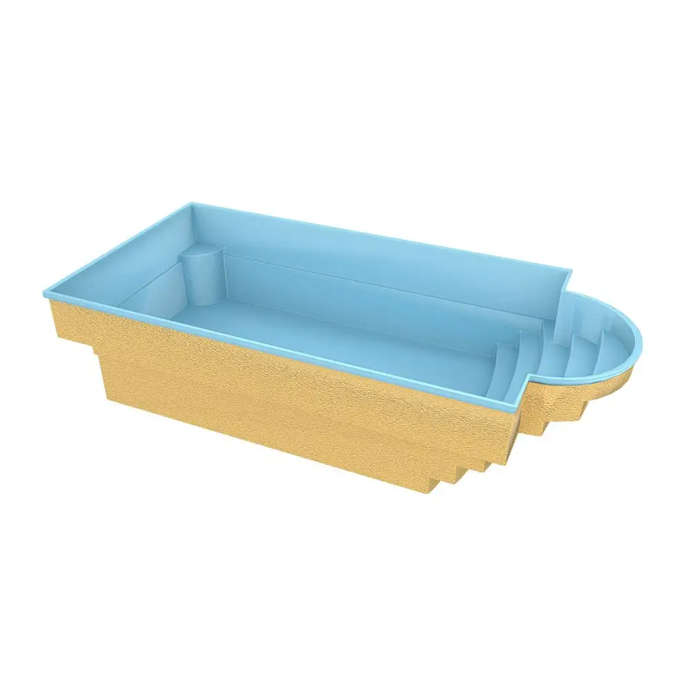 Glasfiberpool Aves med avrundad trappa i guld och blå interiör