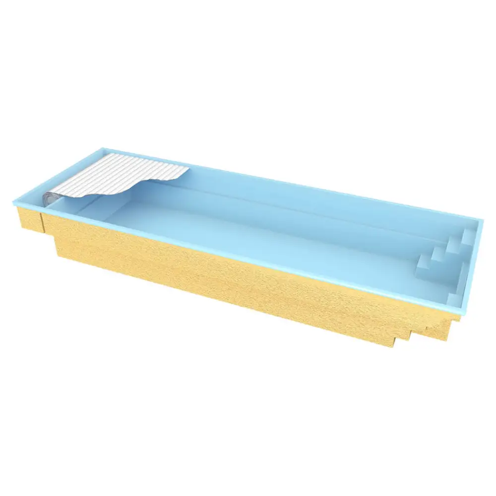 Blå och guld Bahama trädgårdspool med steg och pooltak, 11,10m x 3,75m x 1,50m