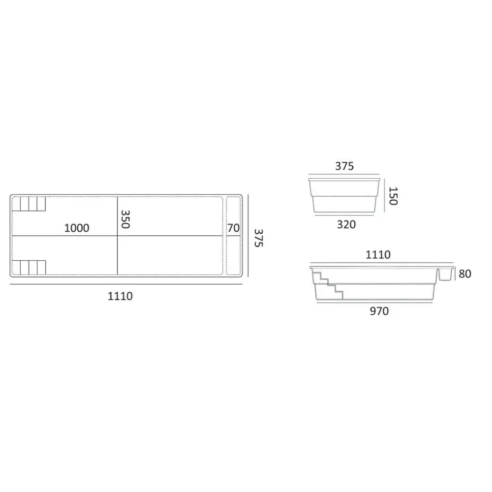Rektangulär planter 1000x350x70mm med stegad design för Glasfiberpool Bahama