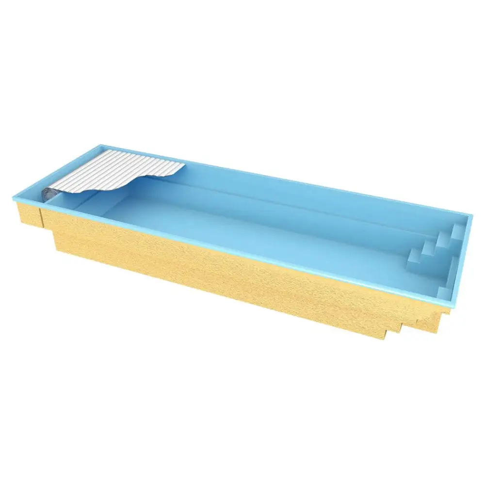 Blå Glasfiberpool Bahama 11 med trappa och pooltak för trädgård