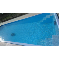 Klar blå Bahama trädgårdspool med kaklade steg och flytande leksak