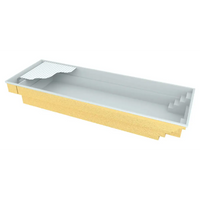 Rektangulär inground Glasfiberpool Bahama 11 med grå interiör, gul exteriör, inbyggda steg och delvis draperat pooltak