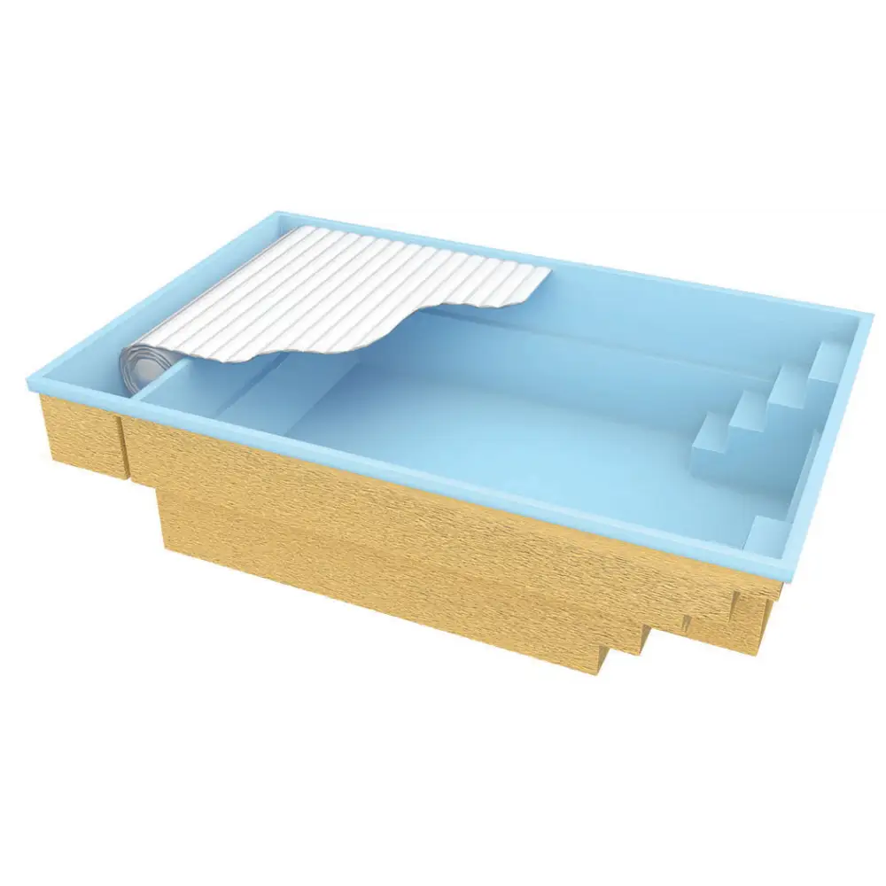 Ljusblå förstärkt polyester pool Bahama 600 med delvis uppkavlat pooltak