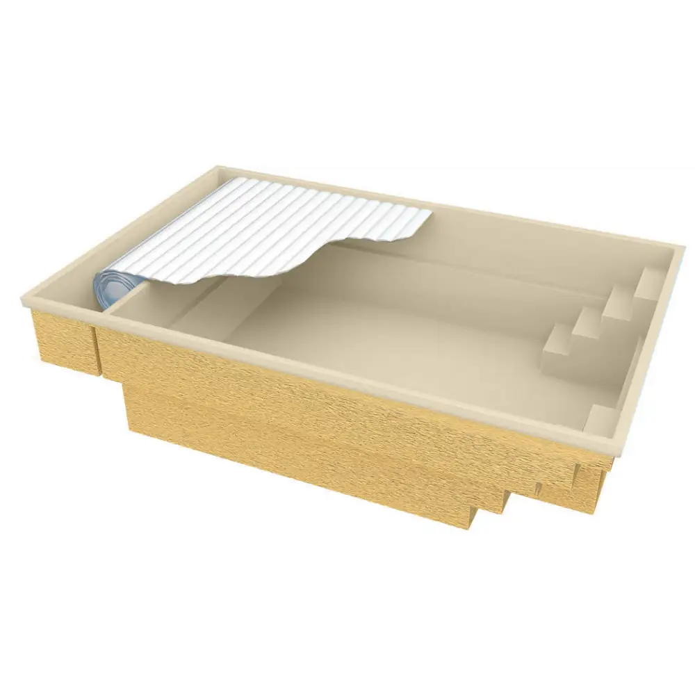 Beige trä-sandbox med vit korrugerad plastlock delvis rullat tillbaka för Glasfiberpool Bahama 600 förstärkt polyester pool med pooltak