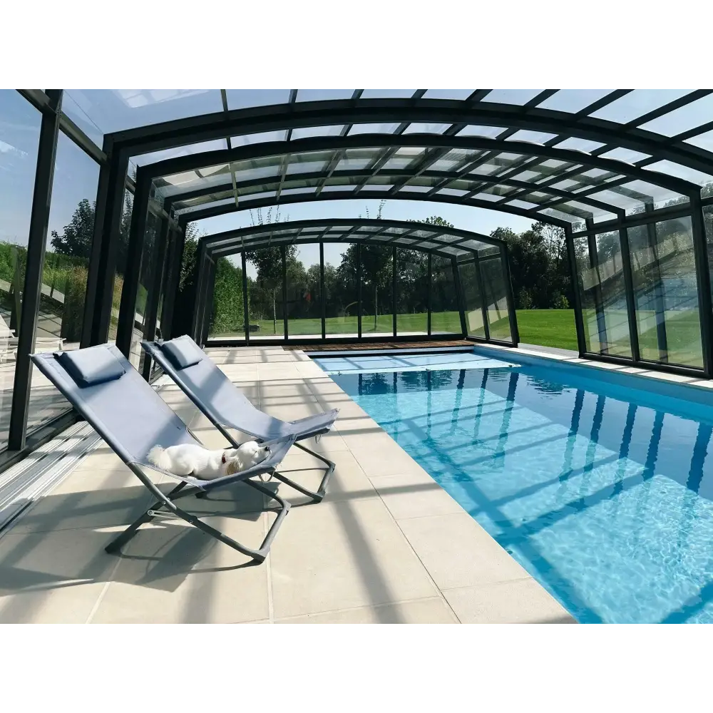 Ljusblå förstärkt polyester lounge stol vid Glasfiberpool Bahama 600 pool