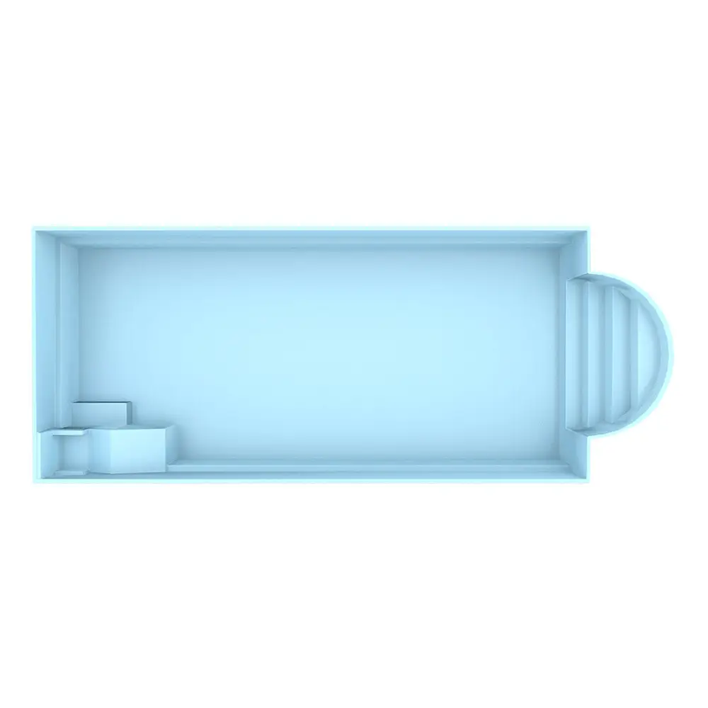 Ljusblå rektangulär badkar med kurvad ände och inbyggda steg för pool Barbados 9,40m x 3,70m x 1,50m