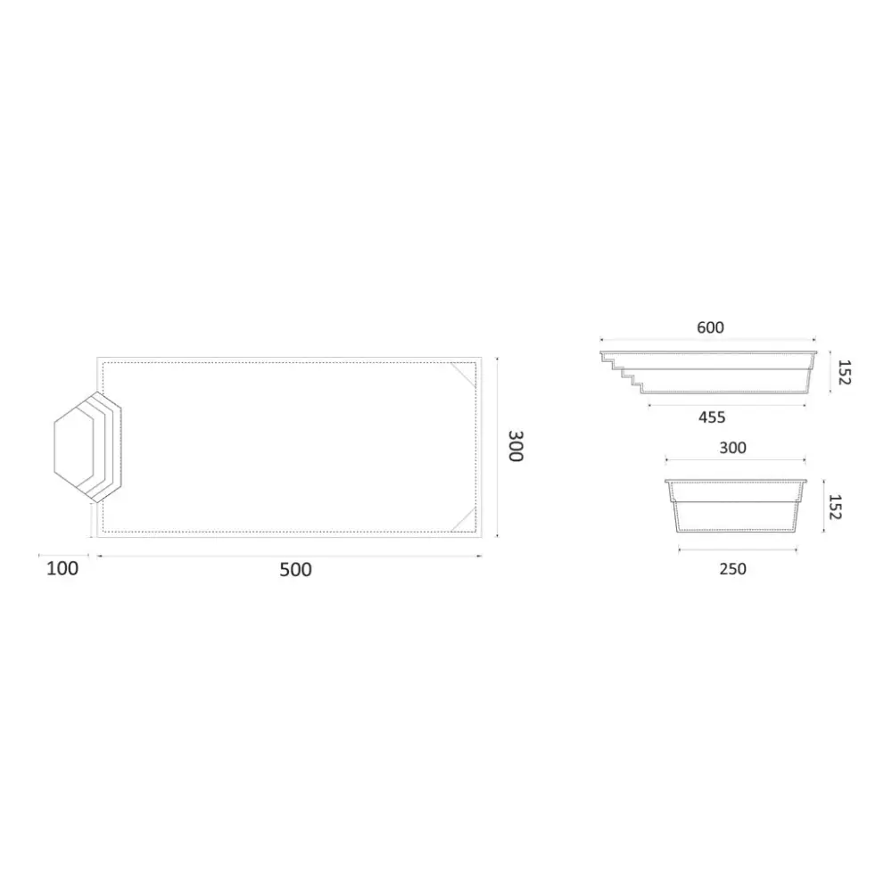 Rektangulär planter med hexagonal bas och intressant form, betongliknande pool