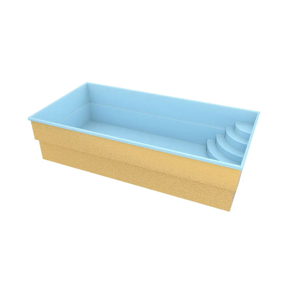 Ljusblå glasfiberpool Papeete 600 med gyllengul textur och kurvade steg