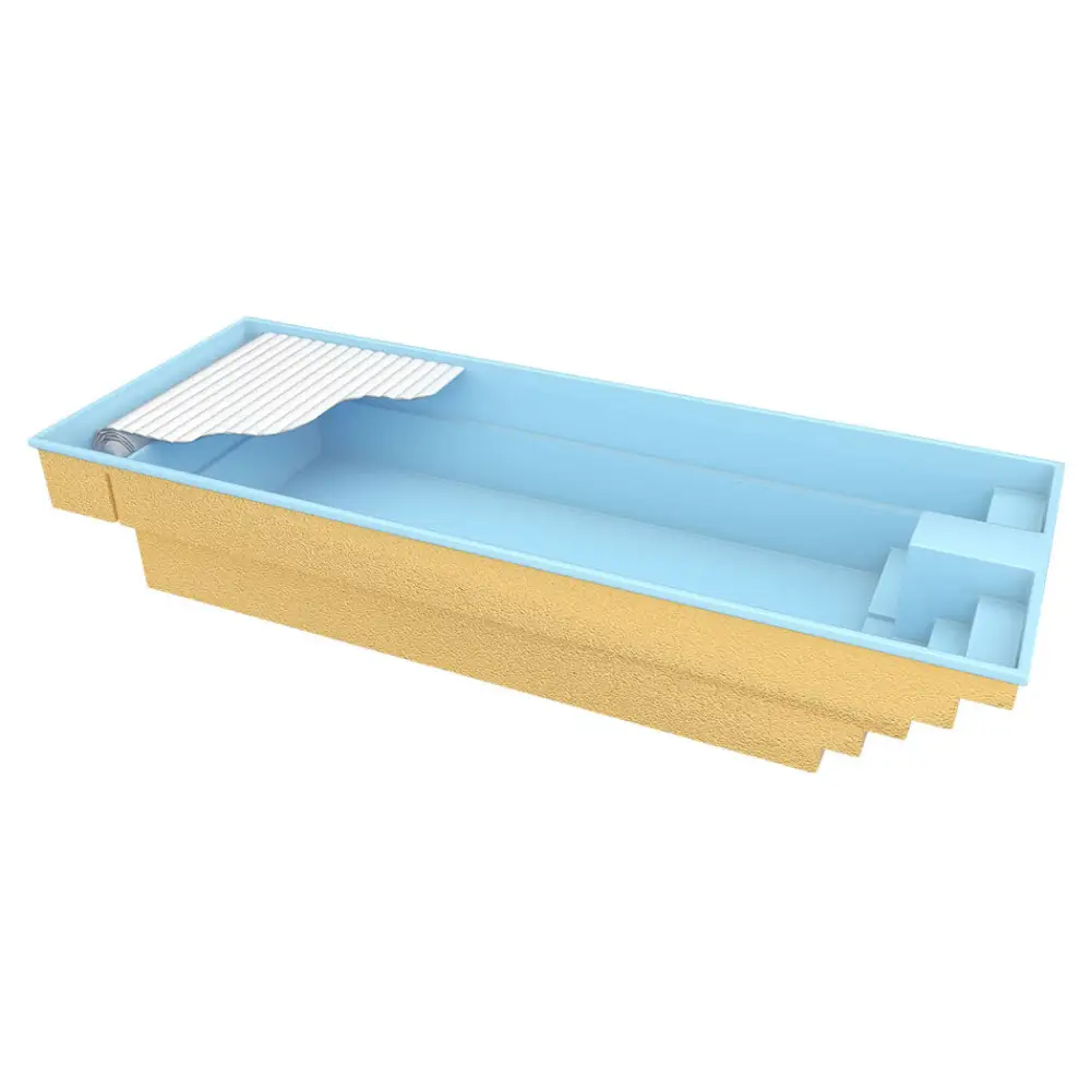 Ljusblå Glasfiberpool Trinidad 9,70x3,70x1,60m med guldtexturerad bas och inbyggda steg