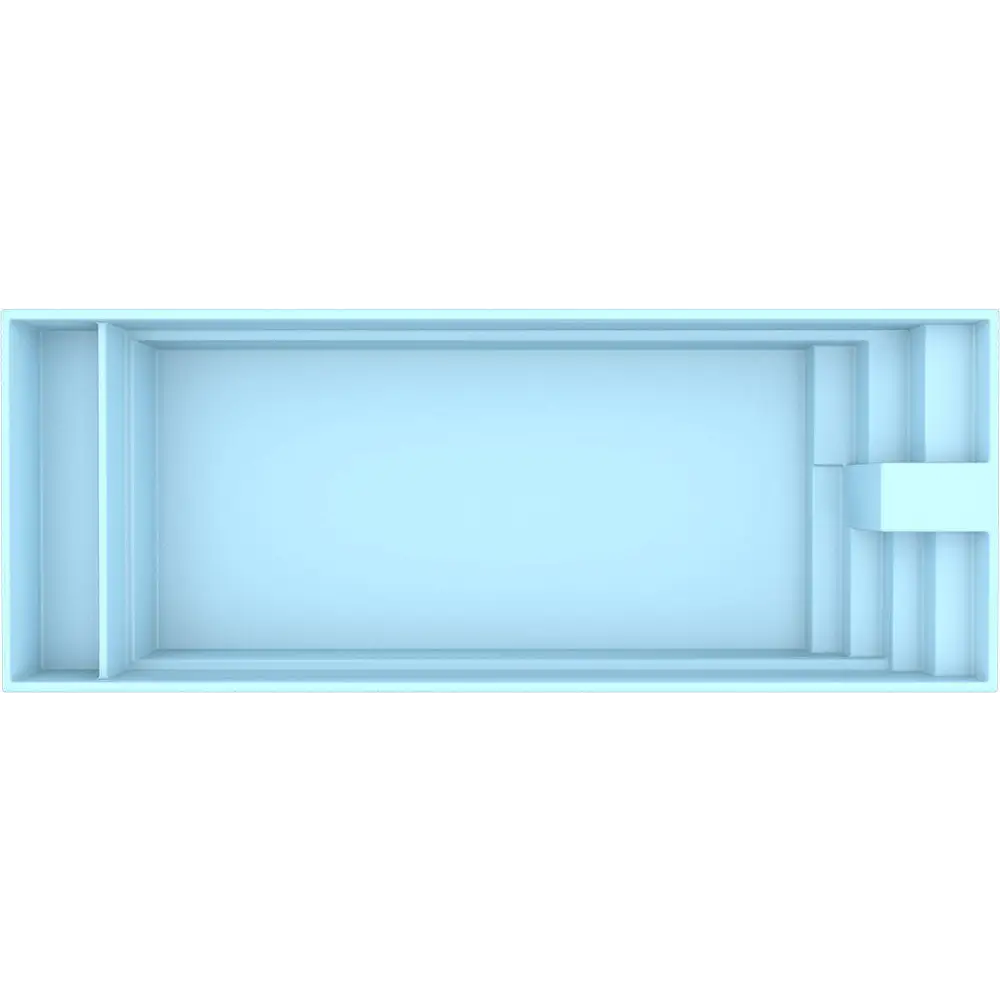 Ljusblå Glasfiberpool Trinidad 9,70x3,70x1,60m med integrerade steg och poolöverdrag