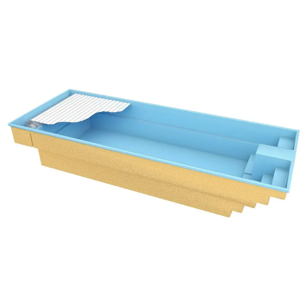 Blå rektangulär Glasfiberpool Trinidad 9,70m x 3,70m x 1,60m med inbyggt poolöverdrag