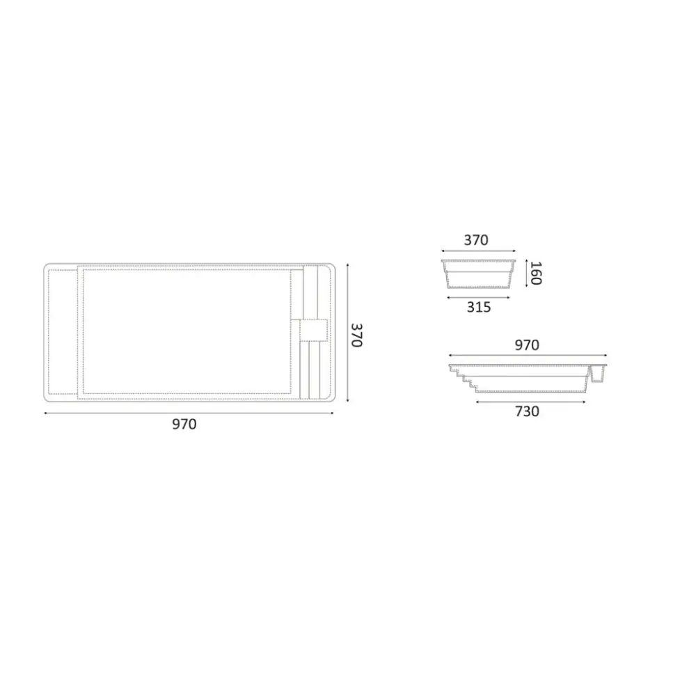Teknisk ritning av Glasfiberpool Trinidad 9,70m x 3,70m x 1,60m med poolöverdrag