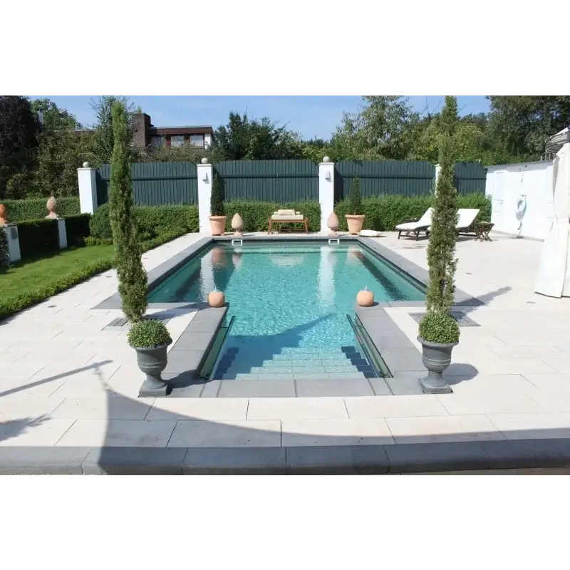 Rektangulär pool med turkost vatten i Rustica Nevada paket, grå stenplattor och träd