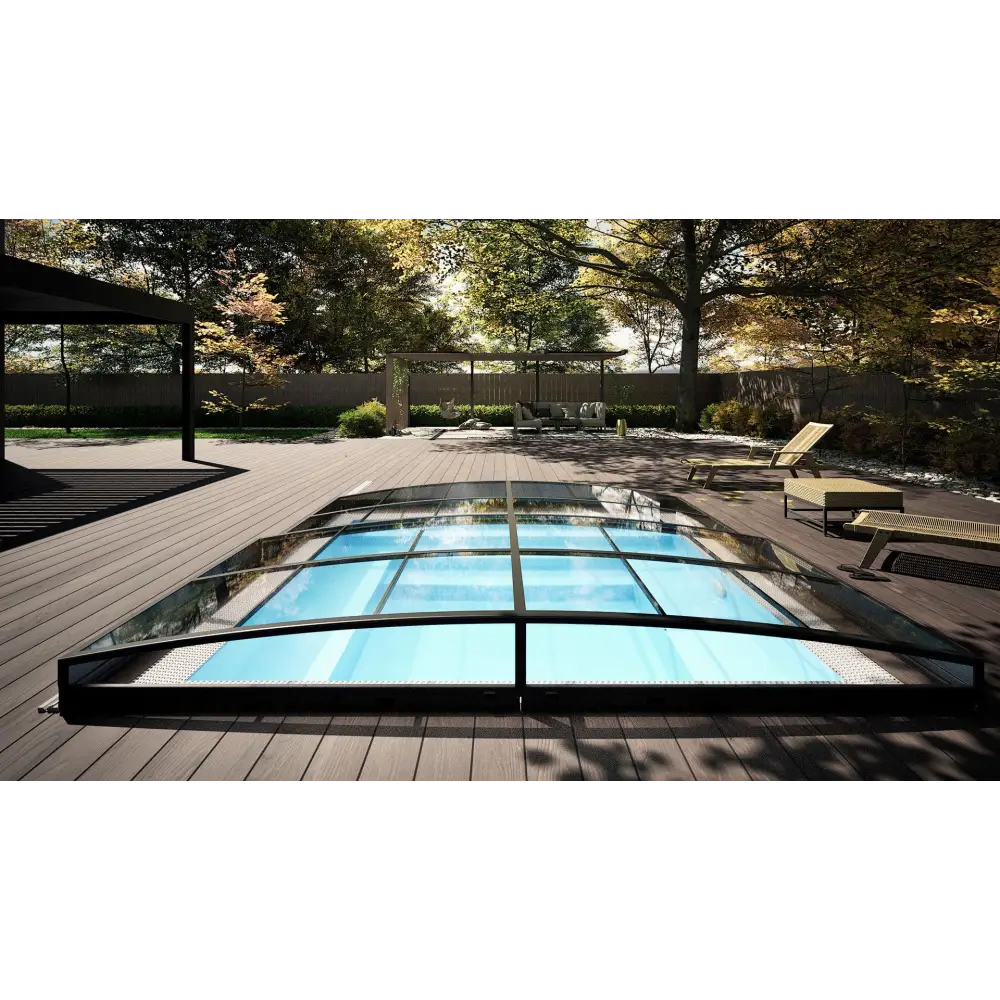 Rektangulär minipool wellness pool med klar glasöverdrag och svart ram