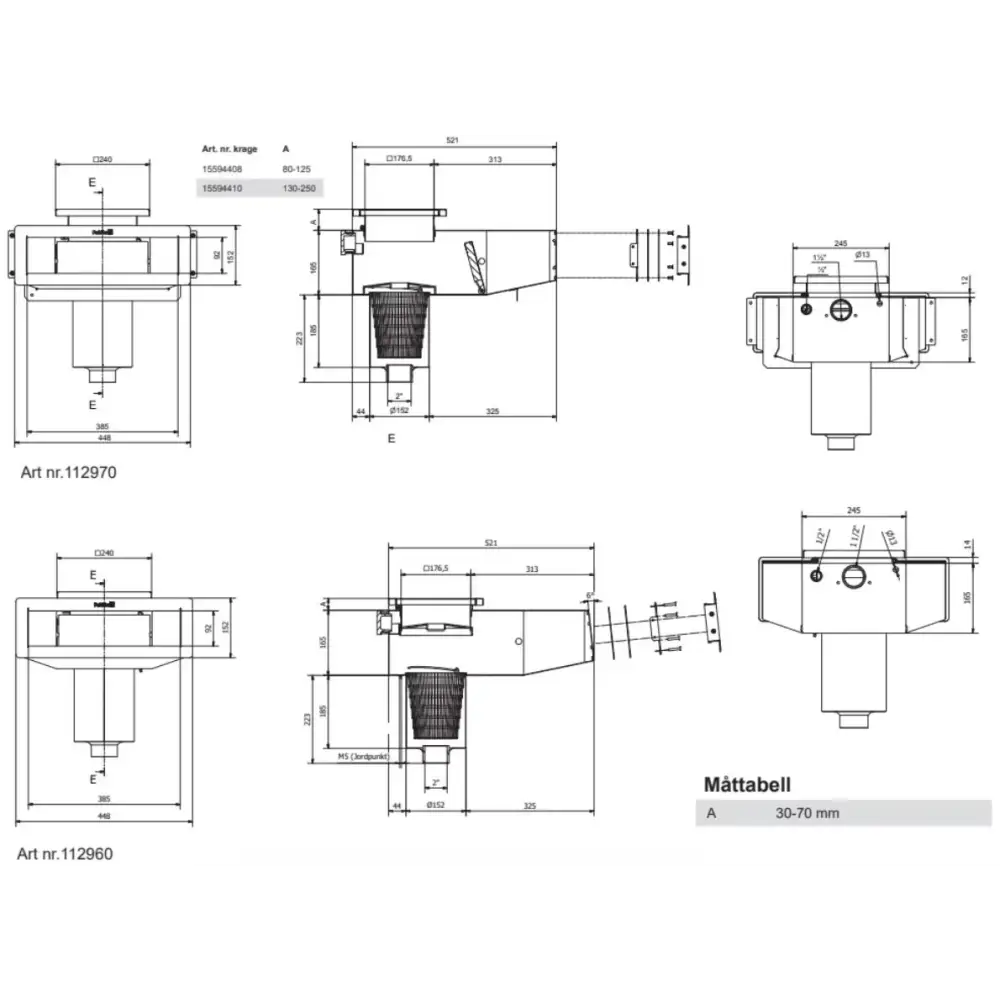 Teknisk ritning av Pahlen Bräddavlopp Classic Wide med vyer och mått