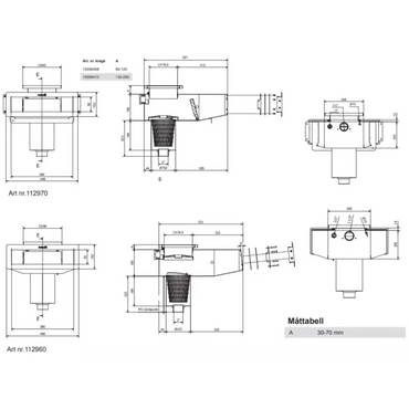 Teknisk ritning av Pahlen Bräddavlopp Classic Wide 385 med vyer och mått