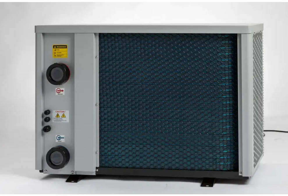 Den nyeste Pahlén Calidi-poolvarmepumpe i gråt metal med blåt filterpanel