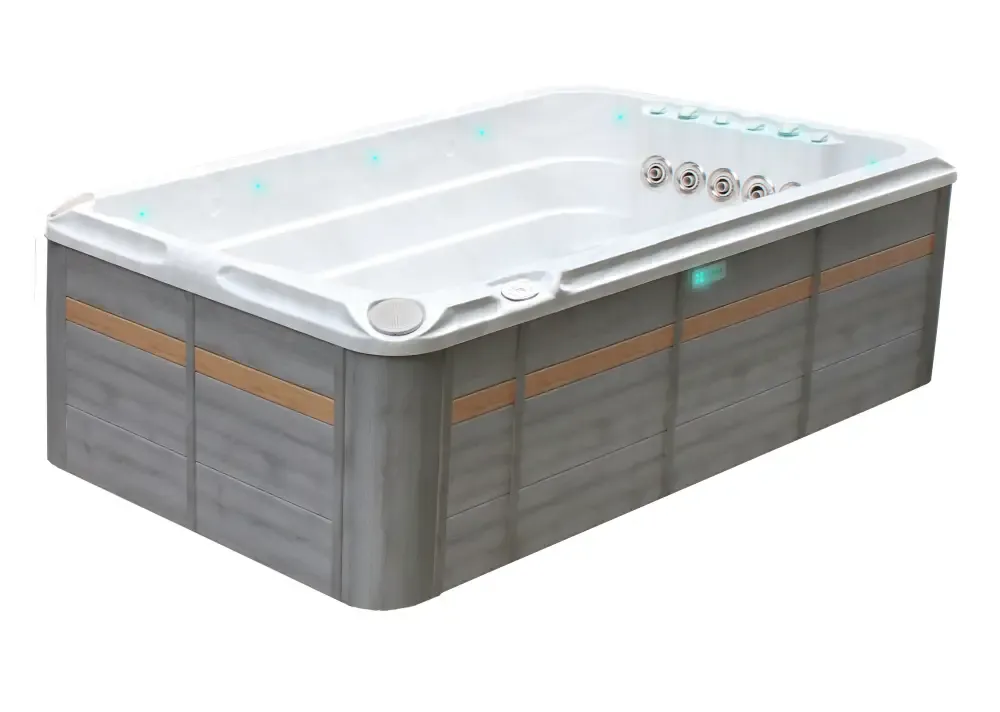 PassionSpa Activity 1 Deep-swimspa – moderne design, hvid inderside, grå træpaneler, lysebrune striber, LED-belysning