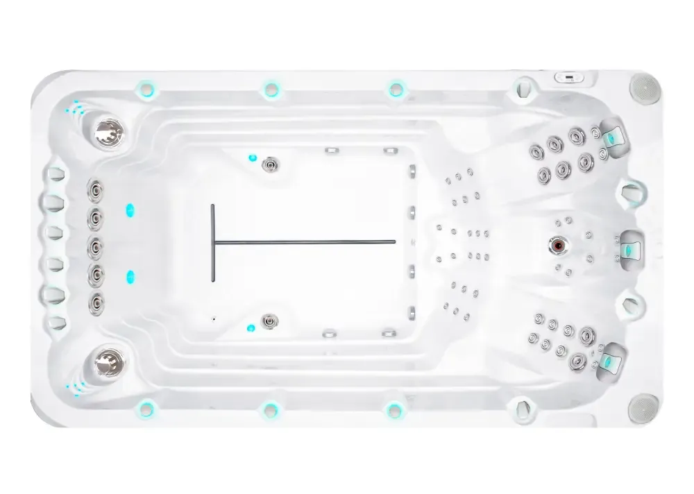 PassionSpa Activity 1-swimspa – hvid overflade, hvid inderside, sølvfarvede massagedyser, turkis belysning