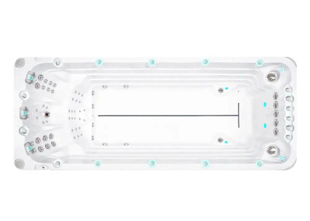 PassionSpa Activity 2 Deep-swimspa – hvid overflade, rektangulær form, turkise detaljer, sølvfarvede massagedyser