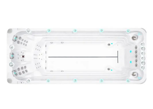 PassionSpa Activity 2-swimspa – Sport Collection, hvid overflade, rektangulær form, turkis belysning, sølvfarvede massagedyser
